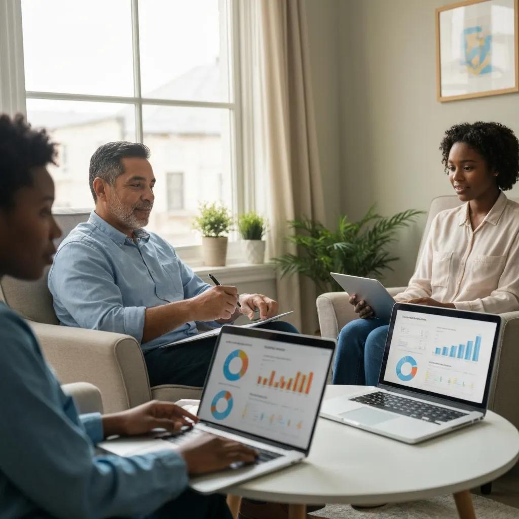 Group of real estate investors participating in an online investment seminar in a cozy home office