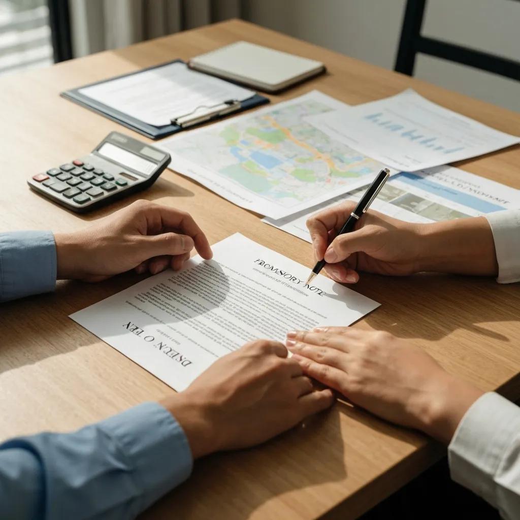 Close-up of parties signing seller-finance paperwork with property documents and calculator nearby