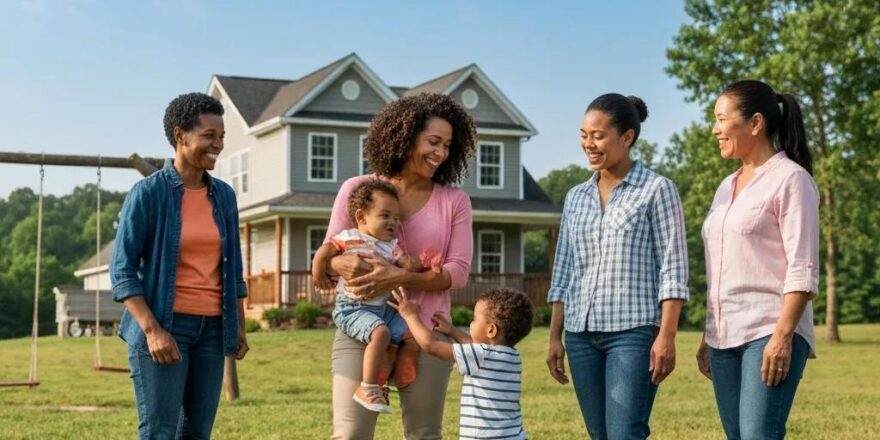 Happy family in front of their new home in a rural setting, representing USDA loans and homeownership