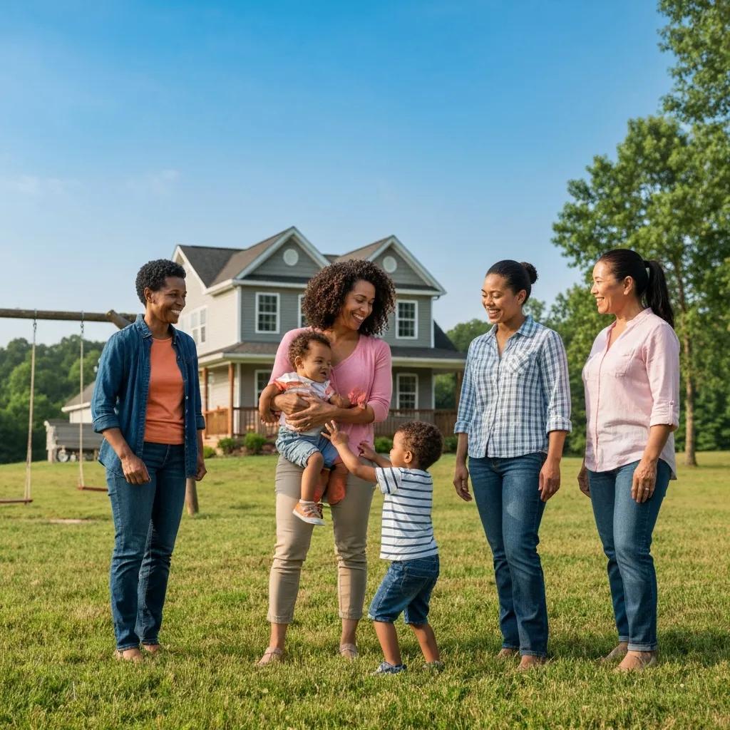 Happy family in front of their new home in a rural setting, representing USDA loans and homeownership