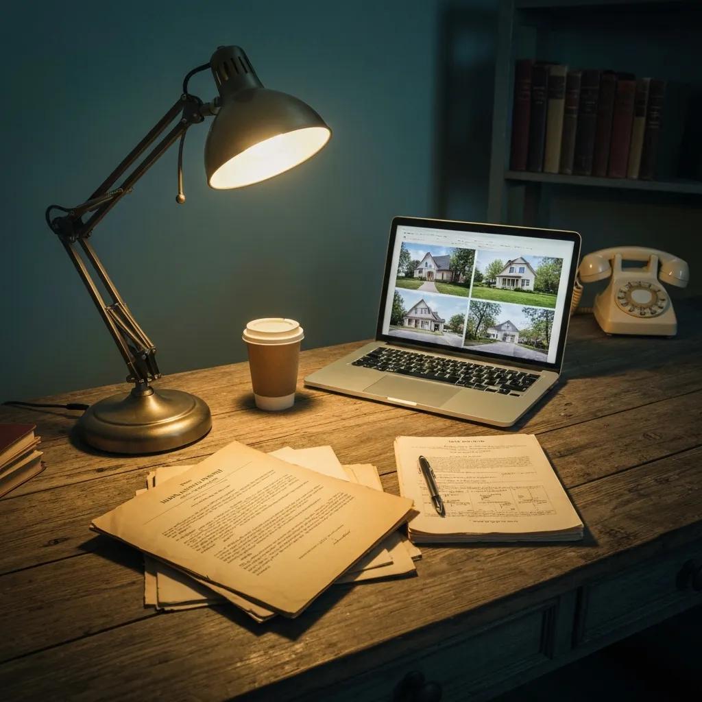 Hard money lender's office with property documents and a laptop, illustrating financing differences