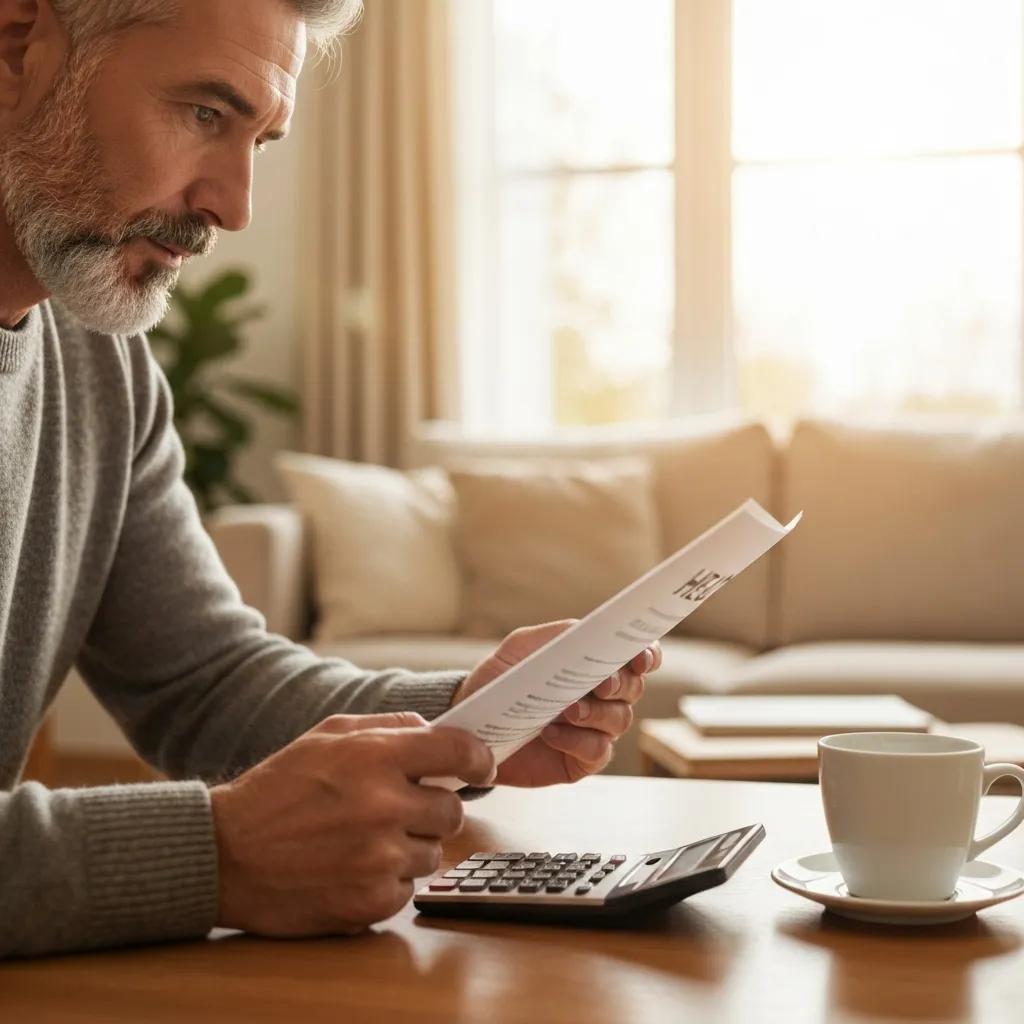 Homeowner reviewing HELOC paperwork with a calculator