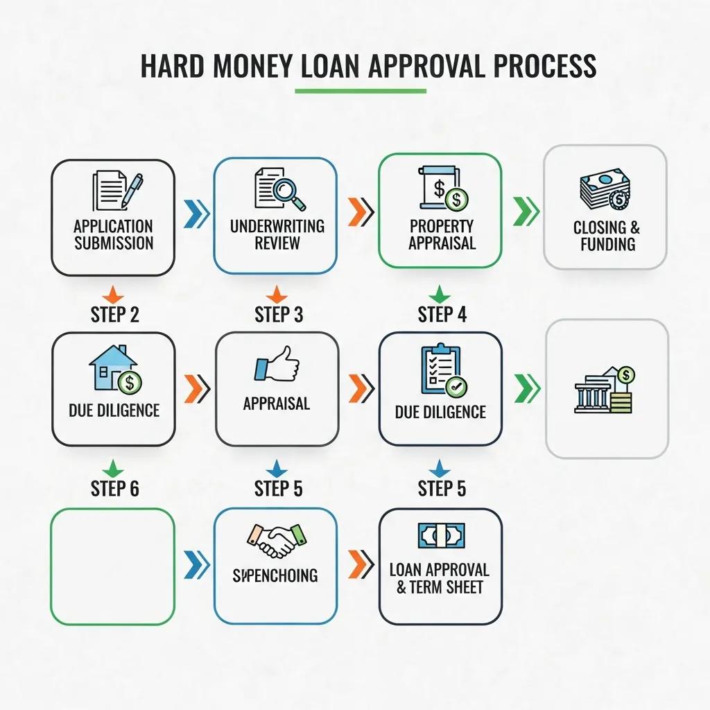 Flowchart of hard money approval steps and typical timelines