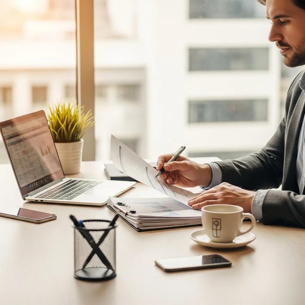 Person reviewing financial documents to demonstrate borrower qualifications for a loan