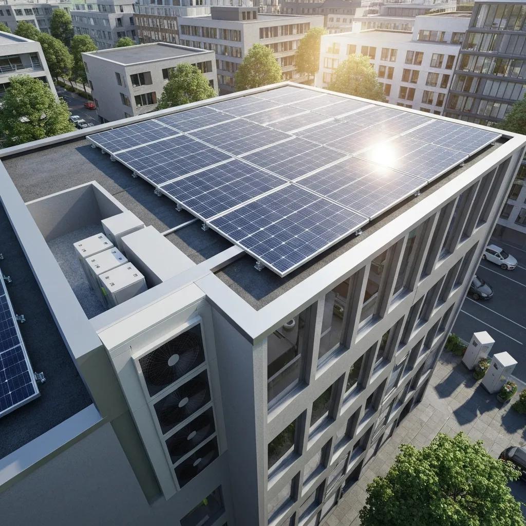 Rooftop solar, battery storage, and efficient HVAC shown on a modern building to illustrate renewable integration