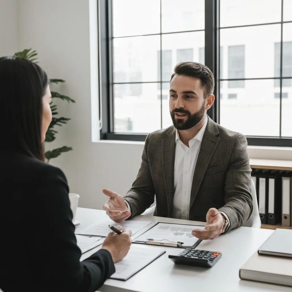 Conversation between an investor and lender about hard money refinance options in an office