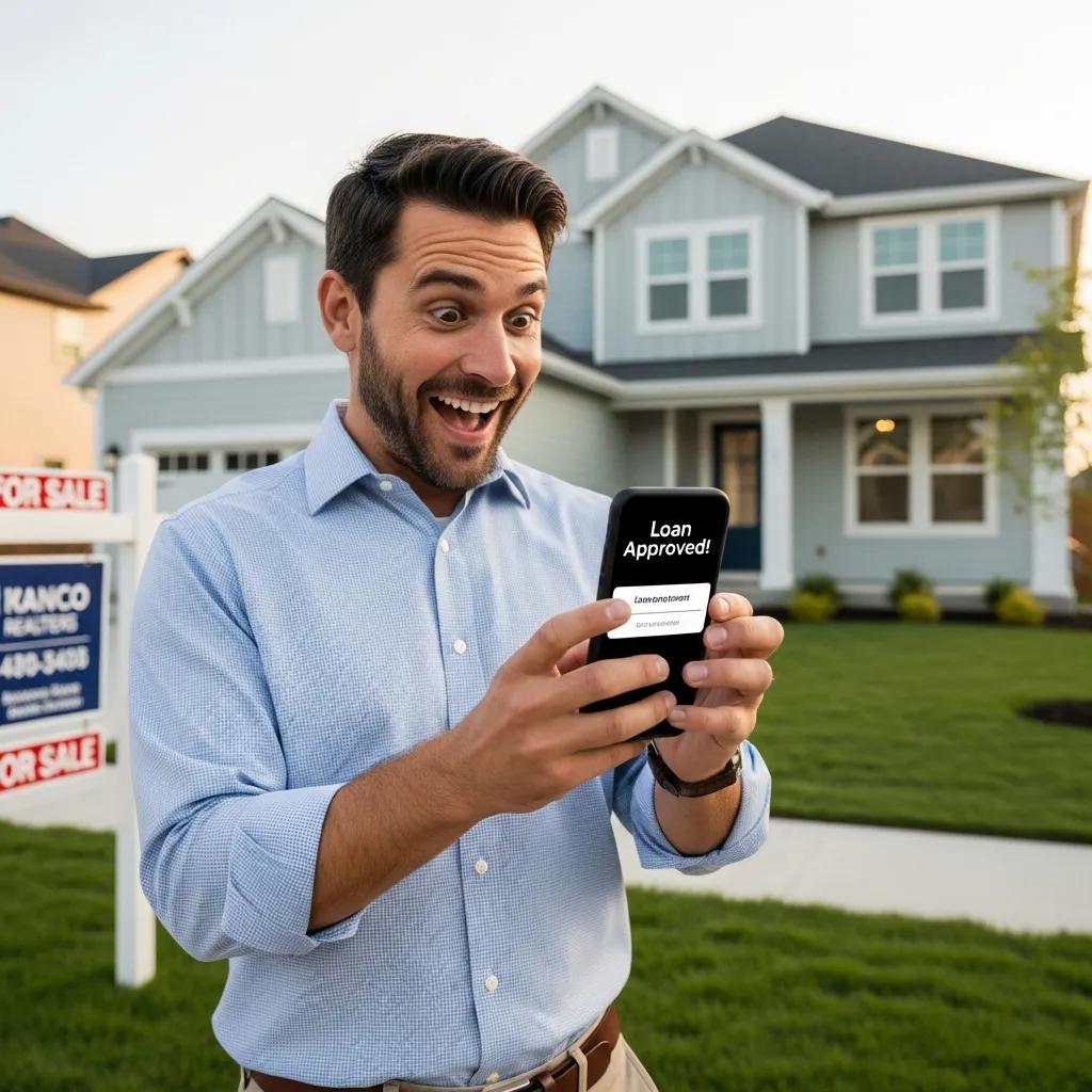 Investor receiving loan approval notification outside a property