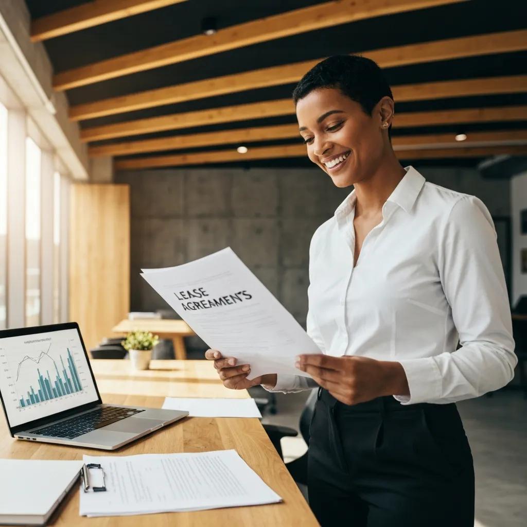 Investor reviewing lease agreements in a modern office setting