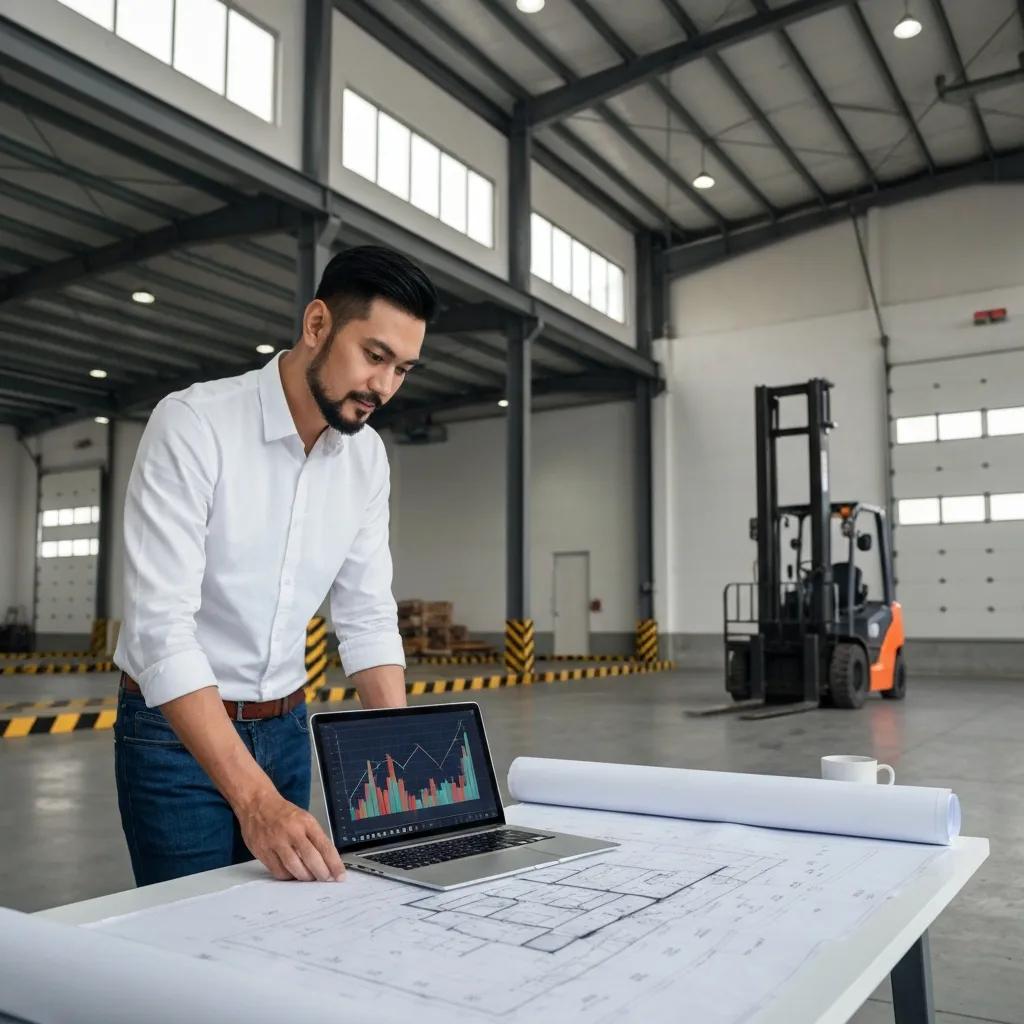 Investor reviewing blueprints and financial charts inside a spacious warehouse