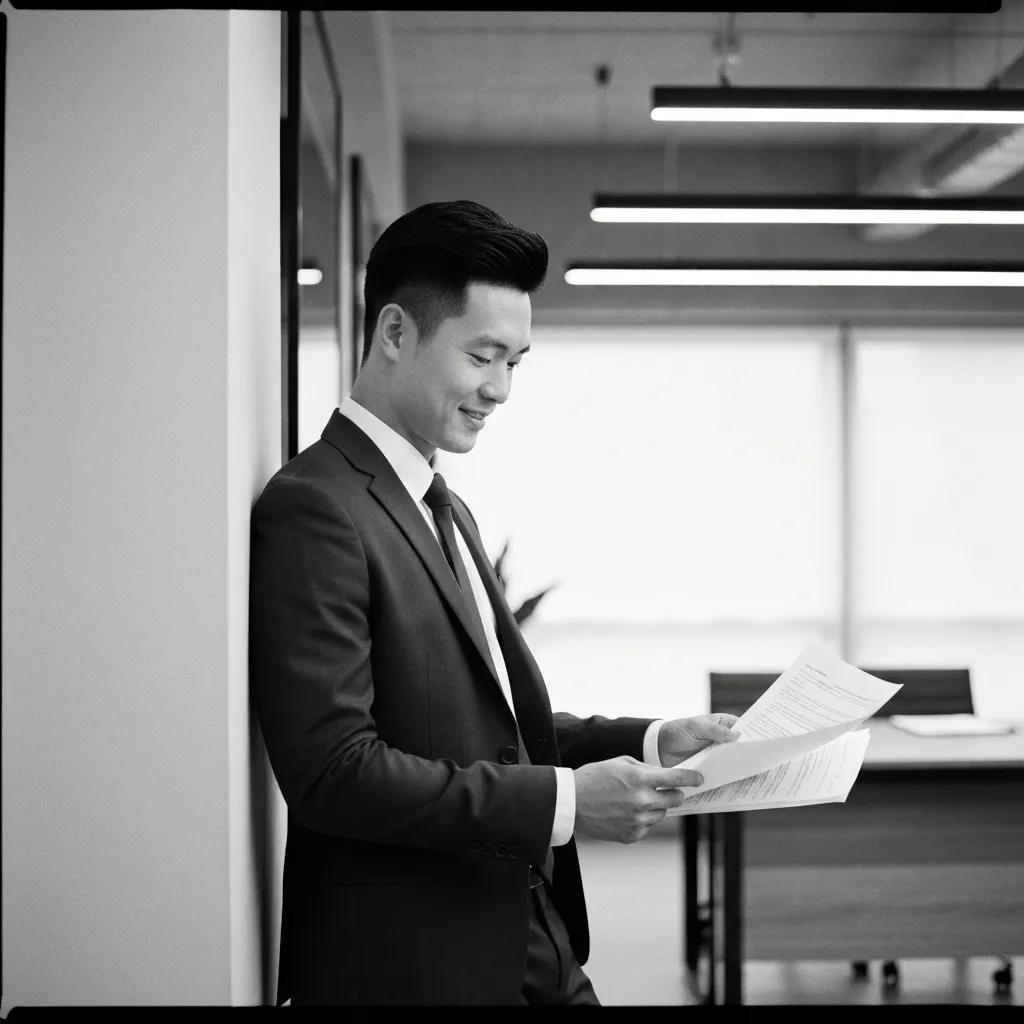 Investor reviewing property plans and financial documents in a stylish office