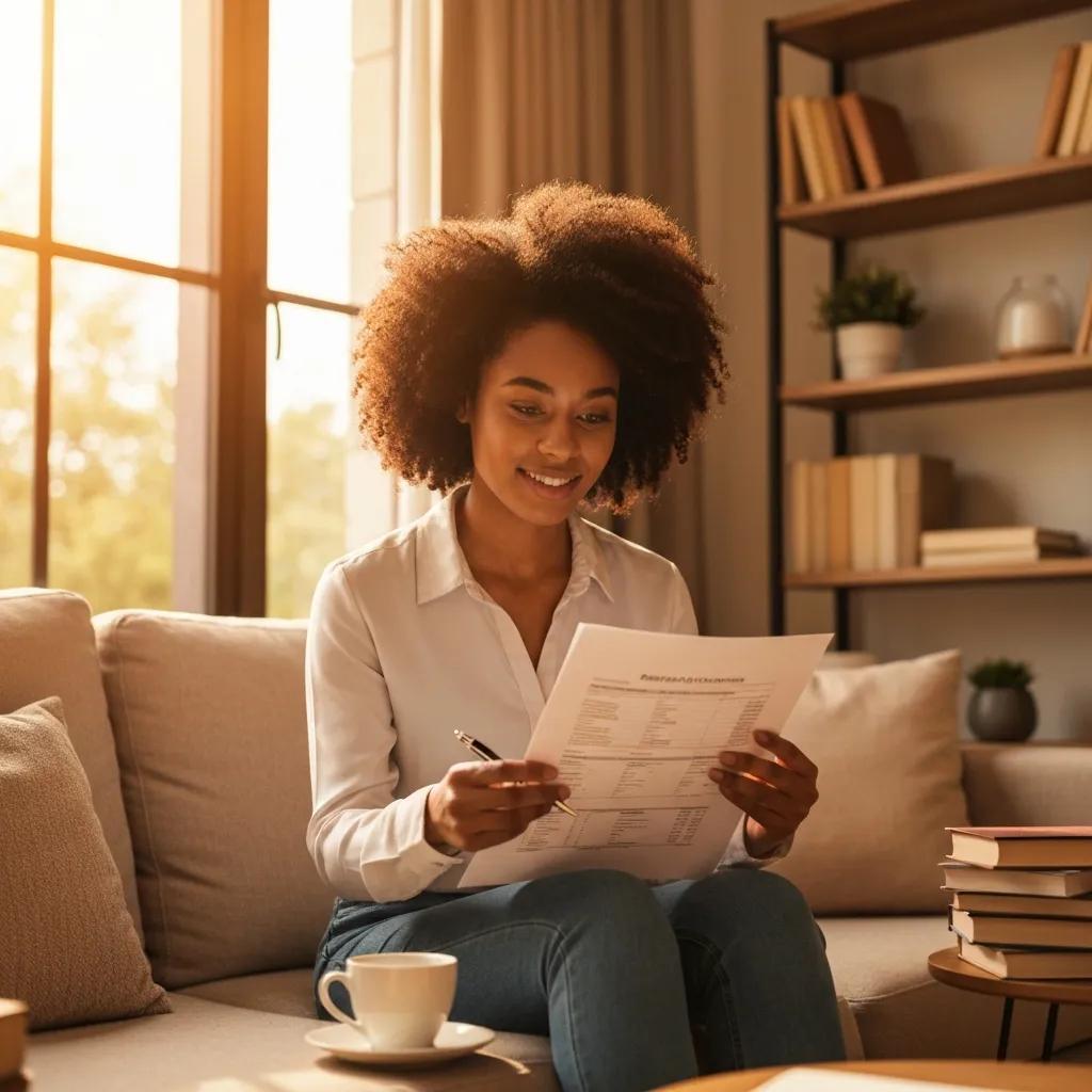 Investor reviewing rental property documents in a cozy living room