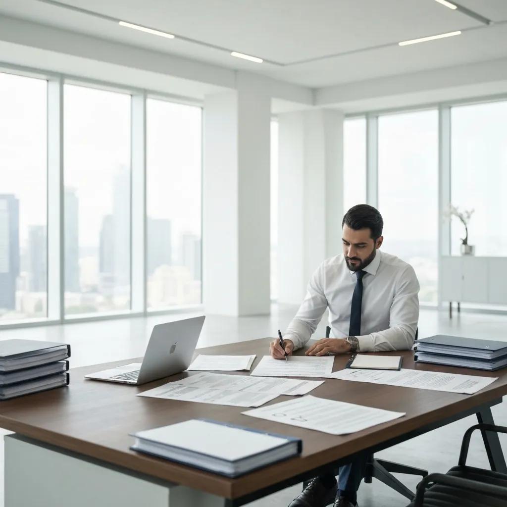 Investor reviewing permit documents and zoning maps at a desk