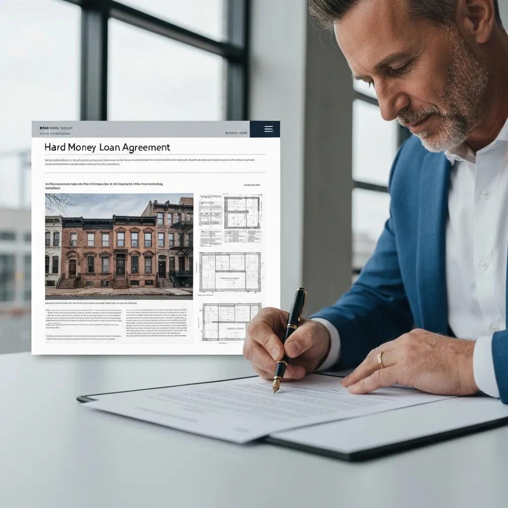 Signing a hard‑money loan agreement with property plans nearby