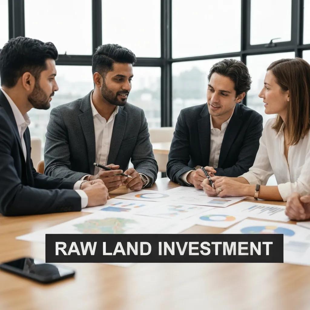 Investors collaborating on raw land investment strategies in a modern office