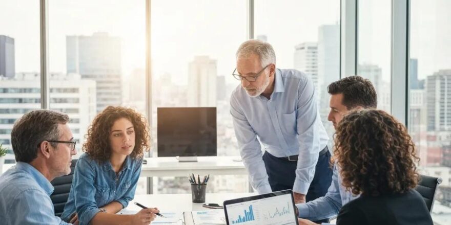 Investors discussing commercial real estate financing in a modern office with city skyline view