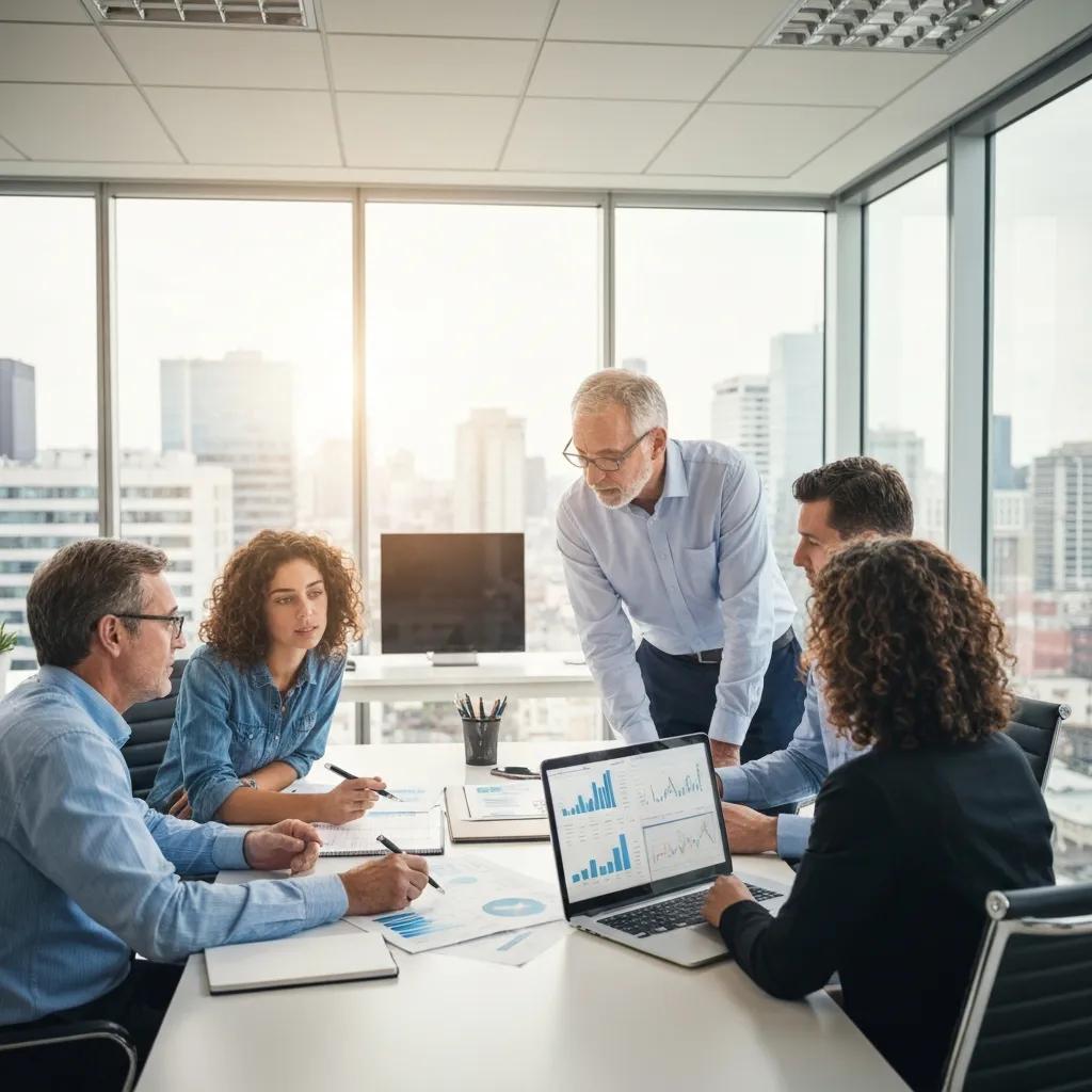 Investors discussing commercial real estate financing in a modern office with city skyline view