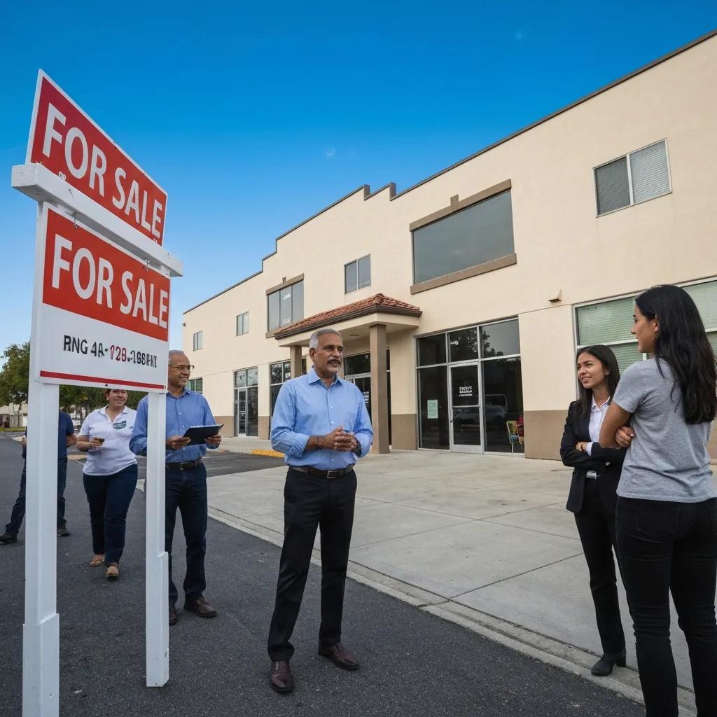 Investors and lender reviewing financing options for a commercial property in front of a 'For Sale' sign