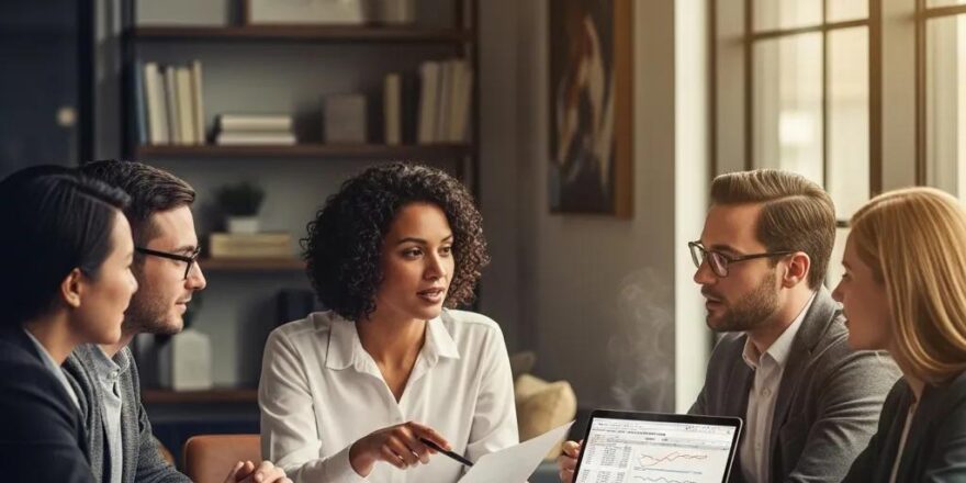 Investors discussing hard money lending options in a modern office setting