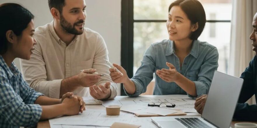 Investors discussing rehab costs and planning renovations in a cozy workspace