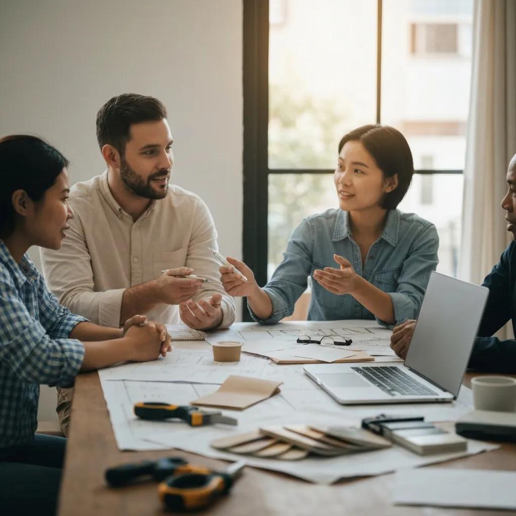 Investors discussing rehab costs and planning renovations in a cozy workspace