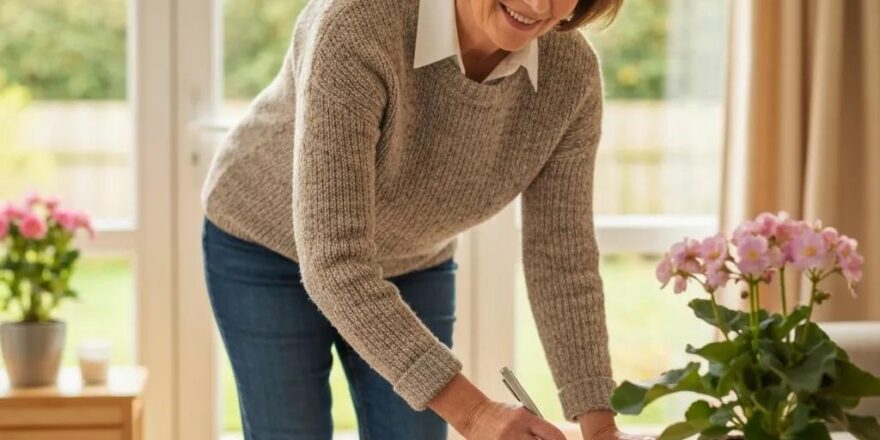 Landlord inspecting a rental property with a checklist in a well-maintained garden