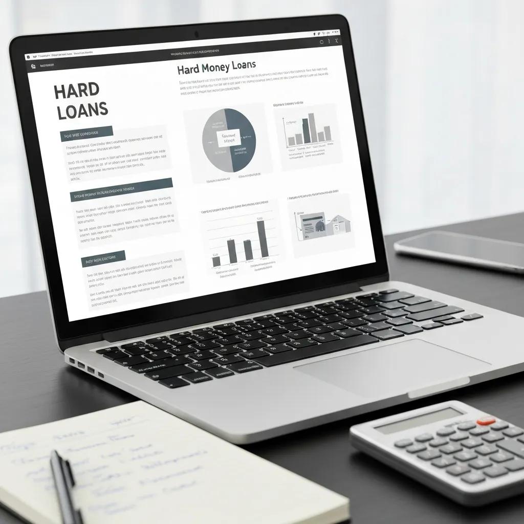 Laptop displaying a hard‑money loan presentation with supporting materials in the background