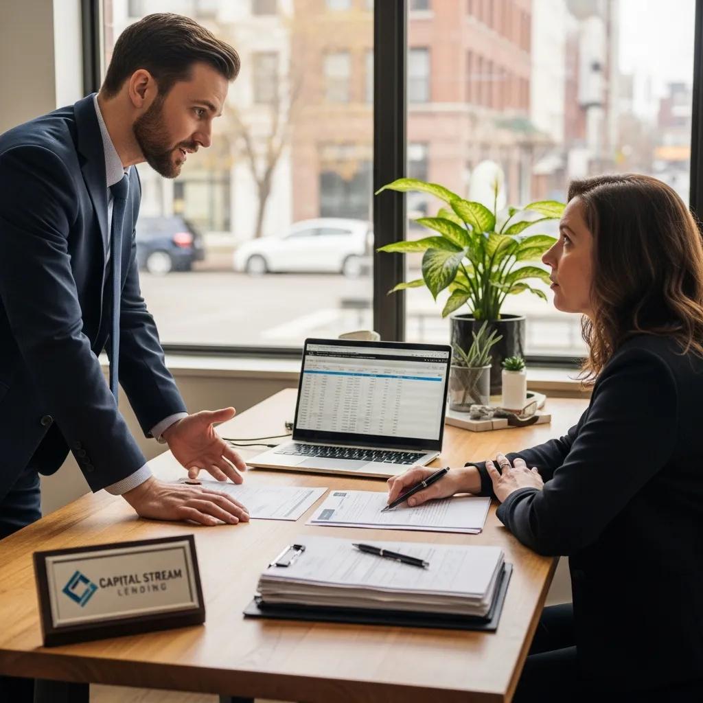 Loan officer advising a client on rapid private lending options in a comfortable office