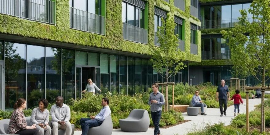 Modern green building with solar panels and greenery representing sustainable architecture