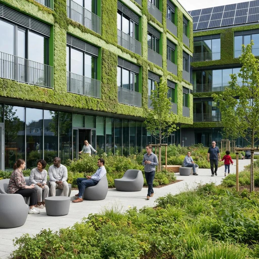 Modern green building with solar panels and greenery representing sustainable architecture