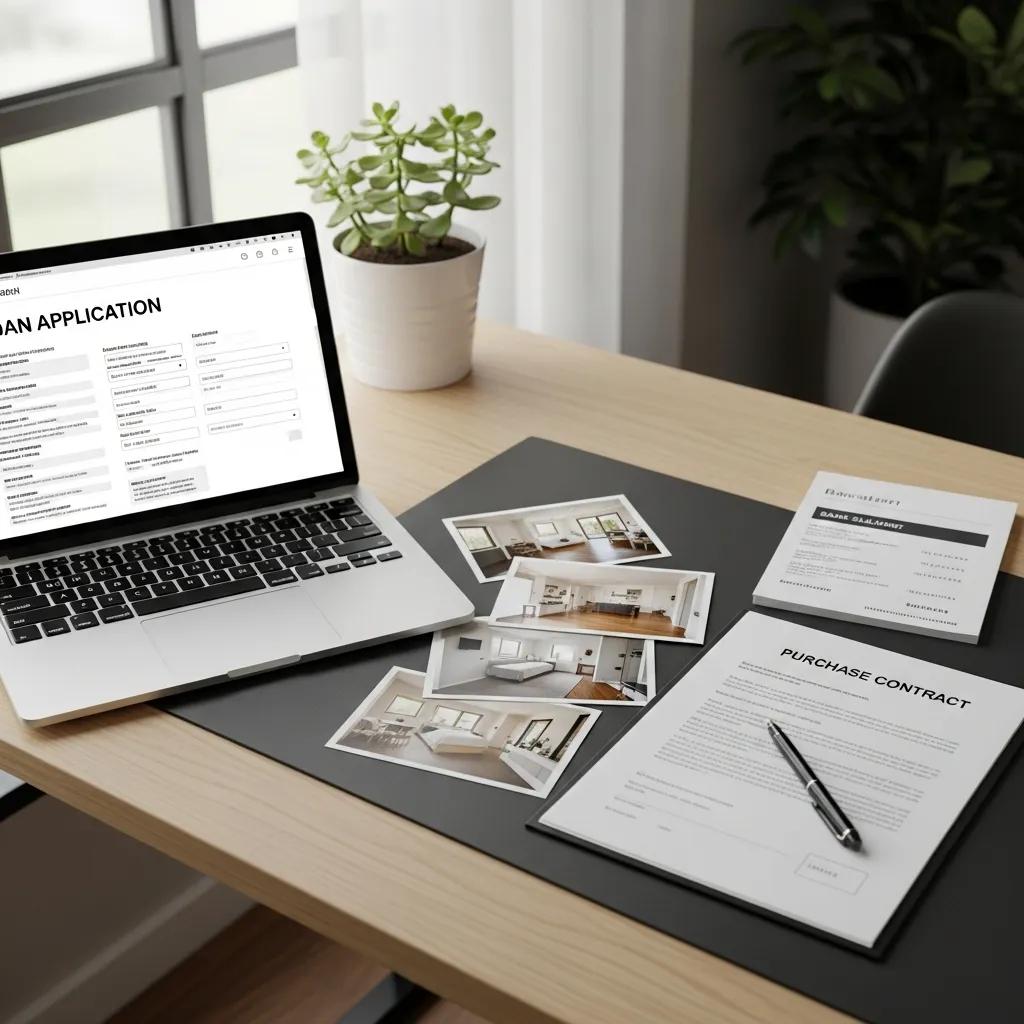 Organized desk with loan documents and a laptop showing a private money application