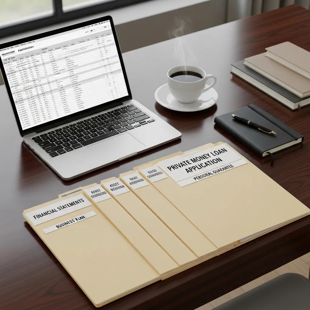 Organized loan application folder and laptop on a desk showing application readiness