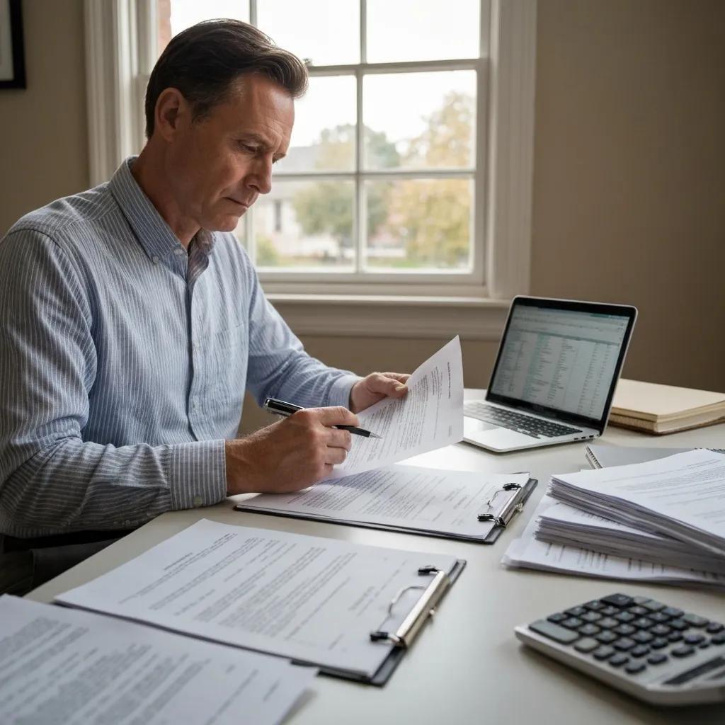 Person reviewing payoff and arrears documents at a home office desk