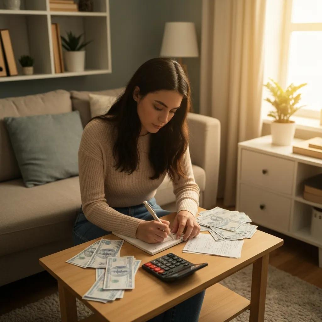 Person calculating monthly budget with bills and a calculator