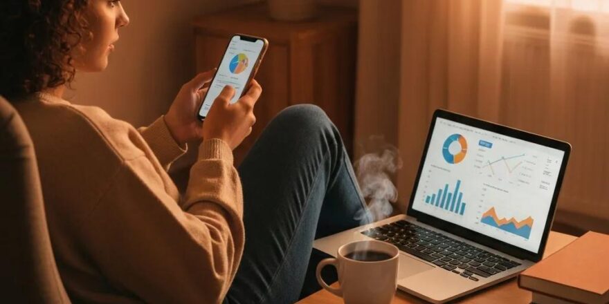 Person engaging with real estate investment podcasts in a cozy living room setting