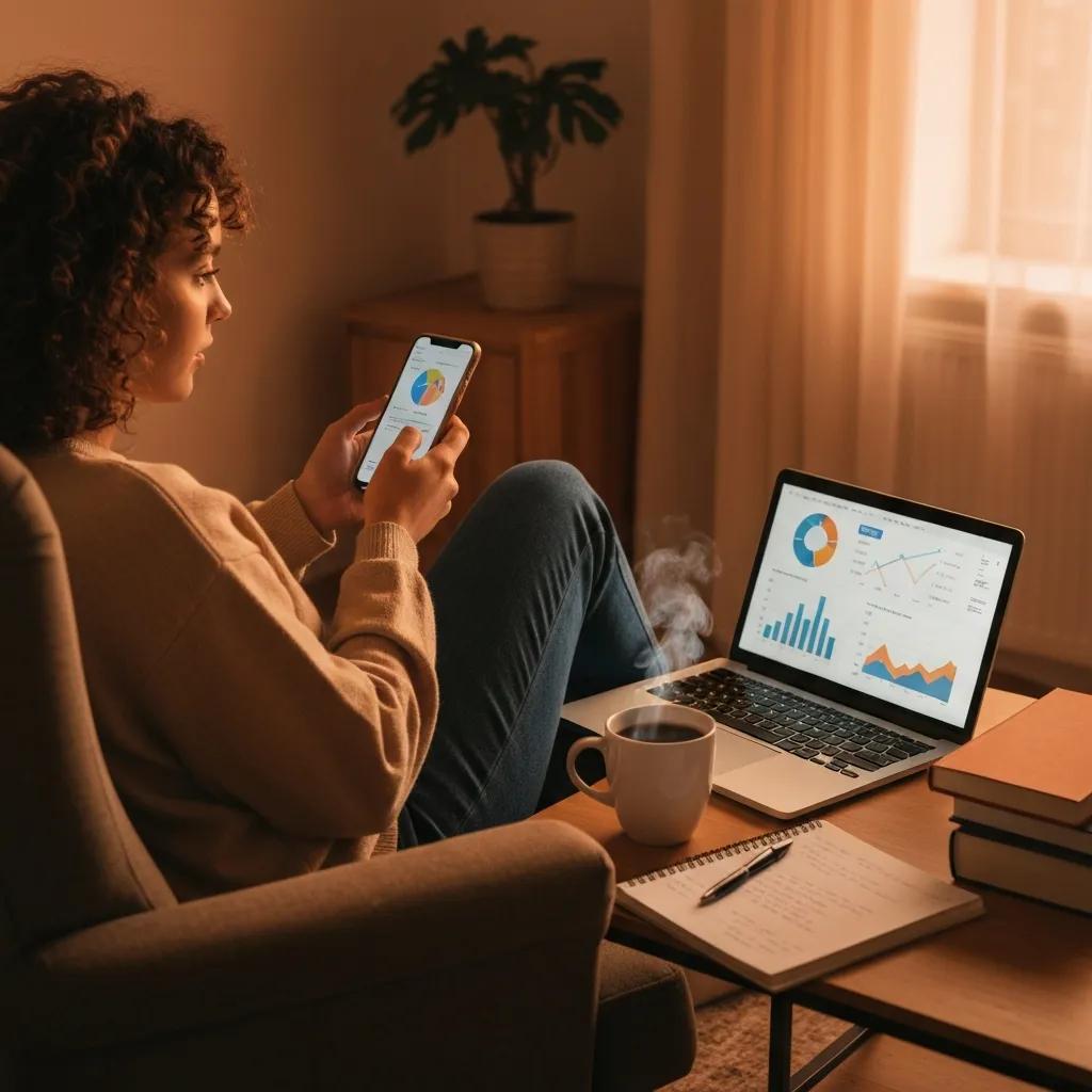 Person engaging with real estate investment podcasts in a cozy living room setting