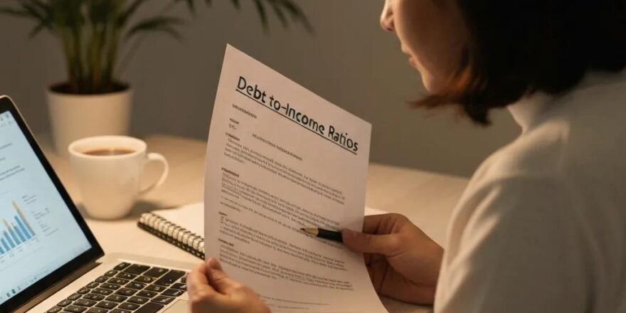 Person reviewing financial documents on debt-to-income ratios in a cozy workspace