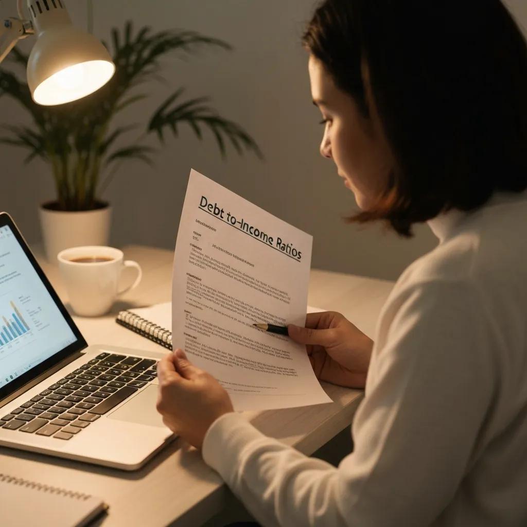 Person reviewing financial documents on debt-to-income ratios in a cozy workspace