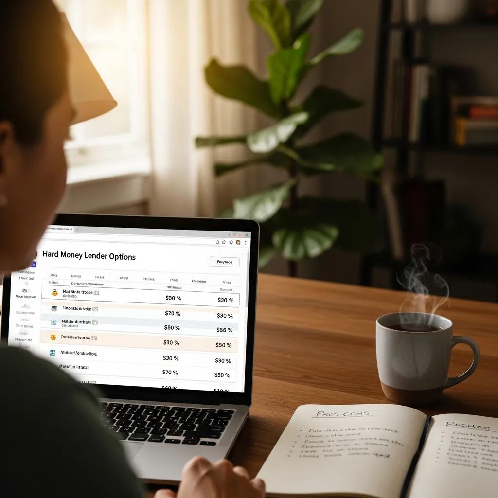 Borrower comparing hard-money lender options on a laptop