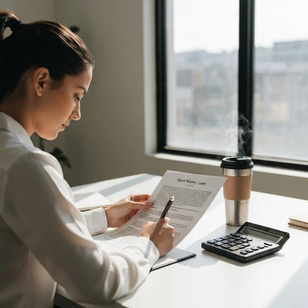 Person reviewing hard money loan documents at a desk