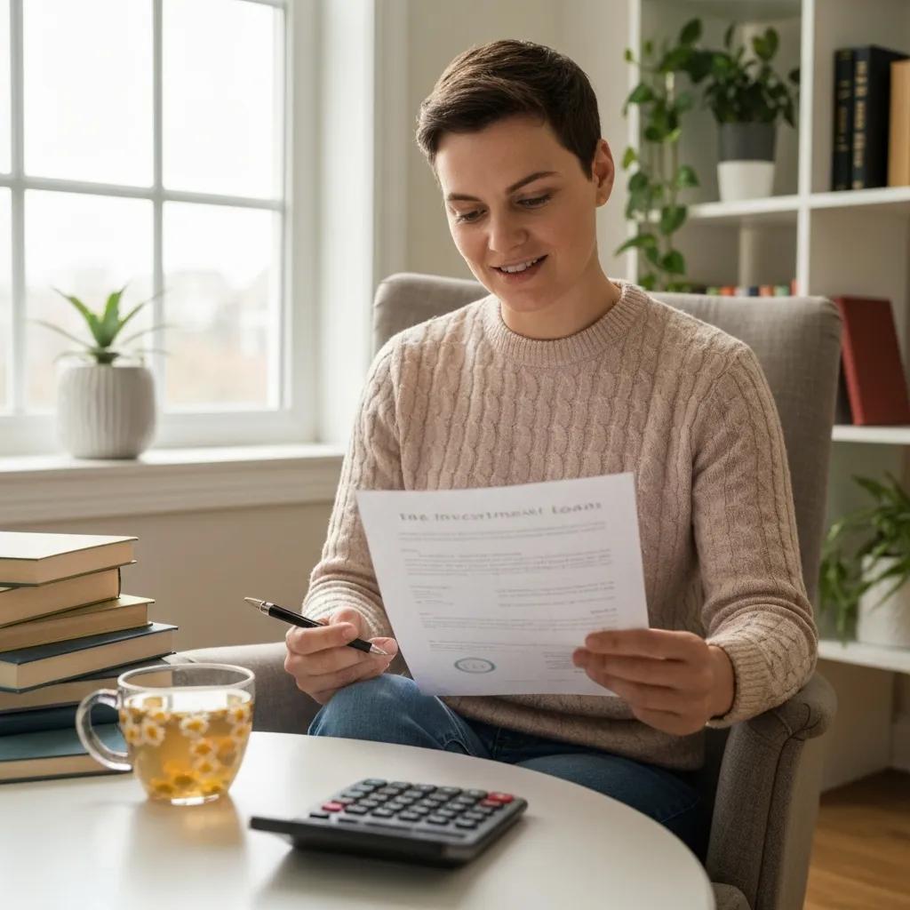 Investor reviewing loan documents and calculations at a desk with a cup of tea, highlighting core financial concepts