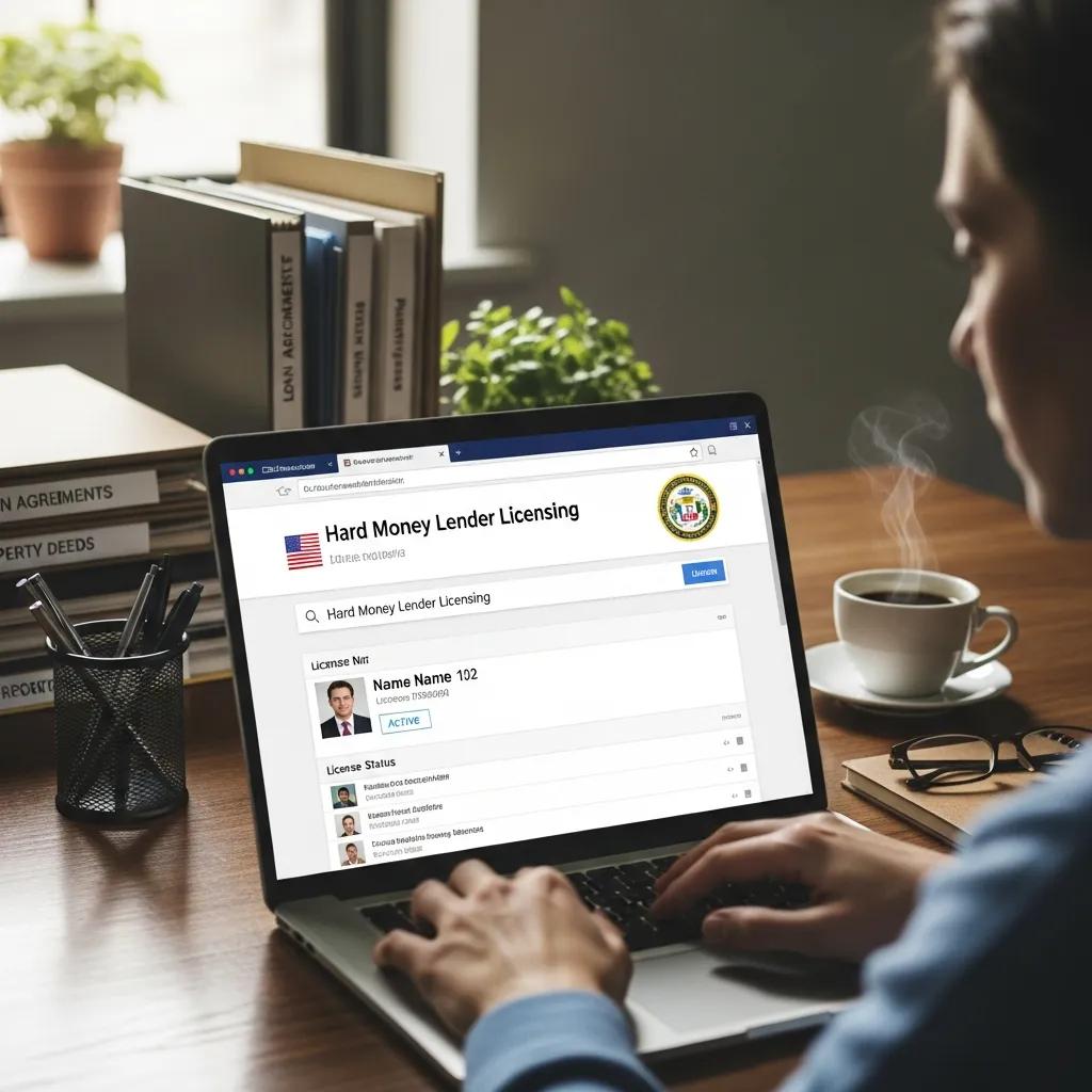 Person checking a lender's licensing and records on a laptop
