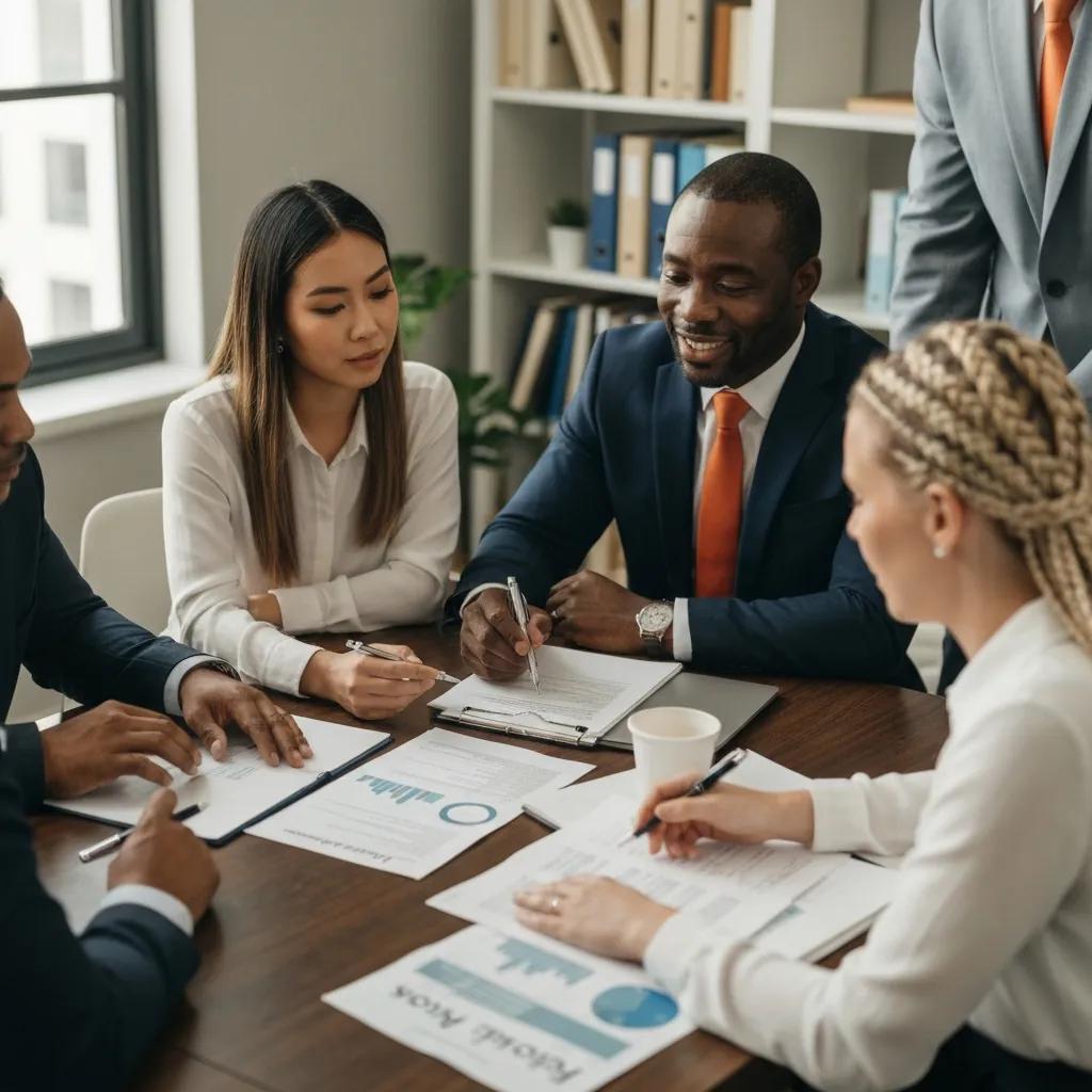 Loan professionals collaborating over investment loan documents