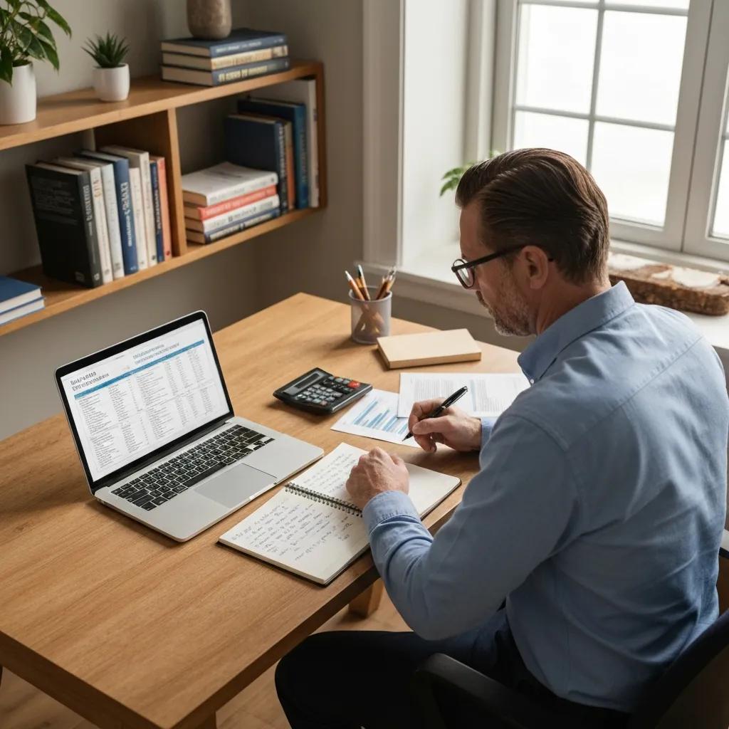 Real estate investor analyzing cash flow statements and rental agreements in a home office