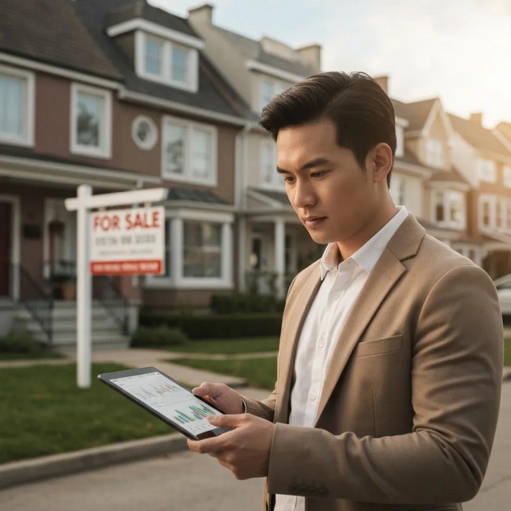 Investor reviewing financials in front of a property for sale