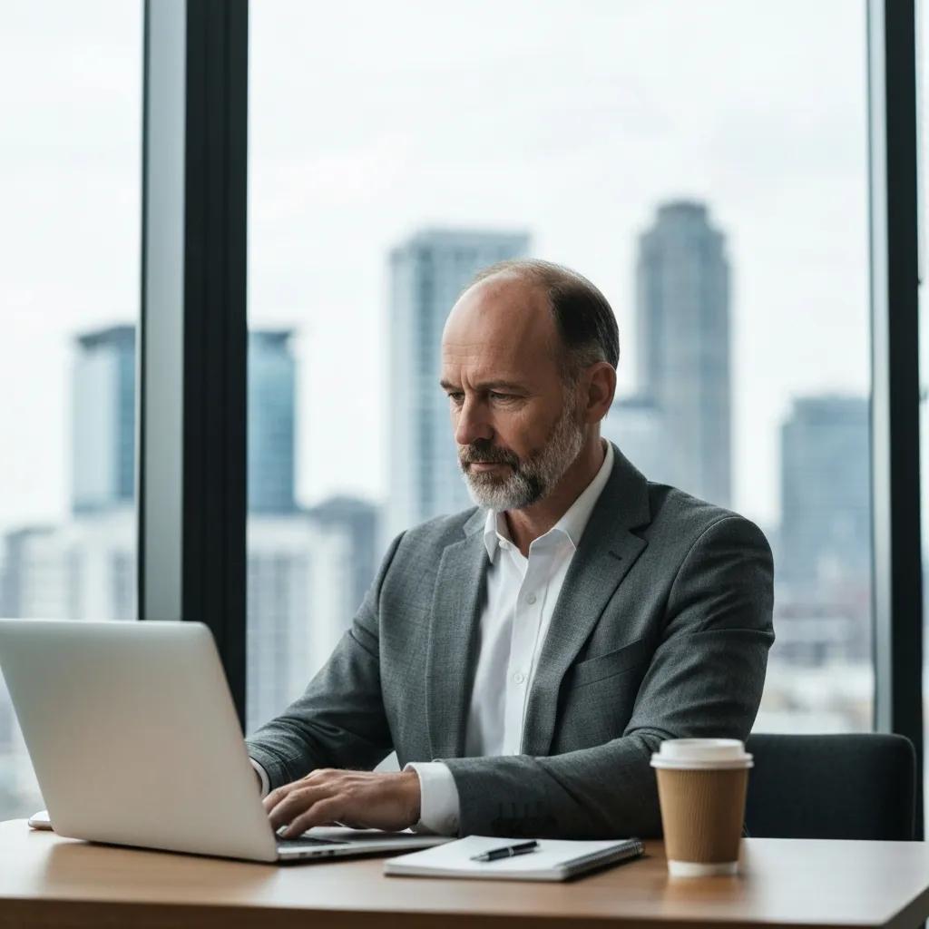 Investor analyzing property data with a city skyline backdrop