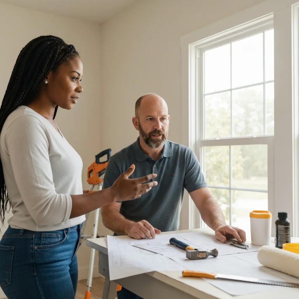 Investor and contractor reviewing renovation plans at a property