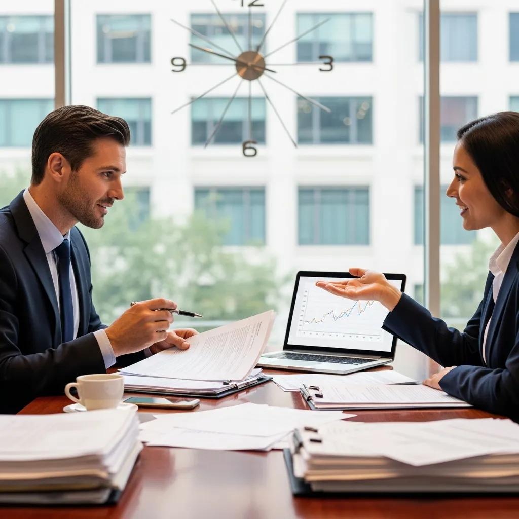 Lender and investor reviewing a hard money loan package in a modern office