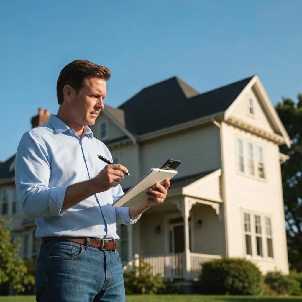 Investor evaluating a property with a notepad and smartphone