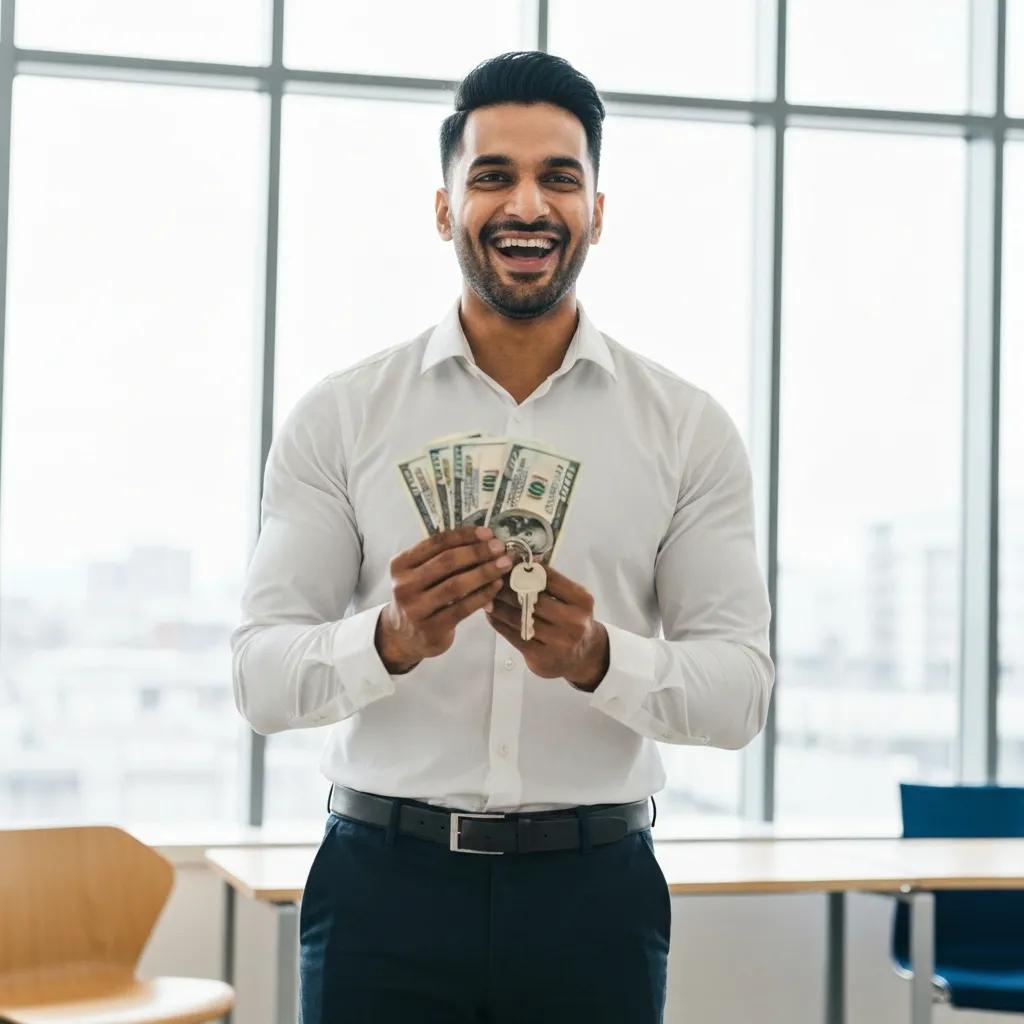 Investor holding keys and celebrating a completed cash‑out refinance