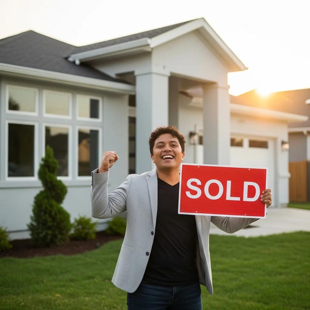 Investor holding a 'Sold' sign after closing with hard money financing